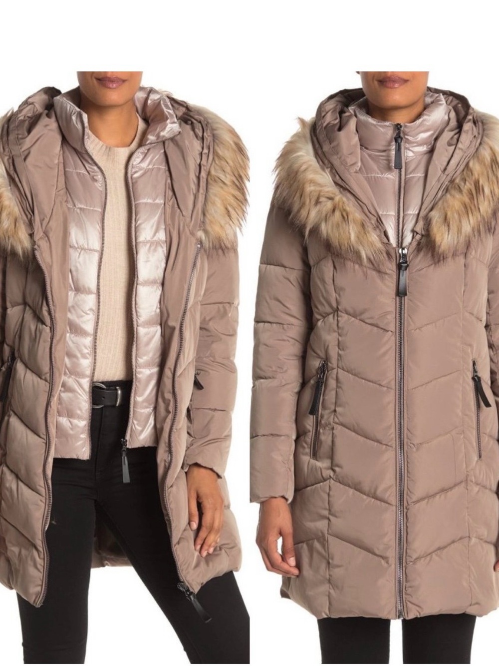 NWOT Calvin Klein Taupe Faux-Fur Trim Double Puffer Coat sz S